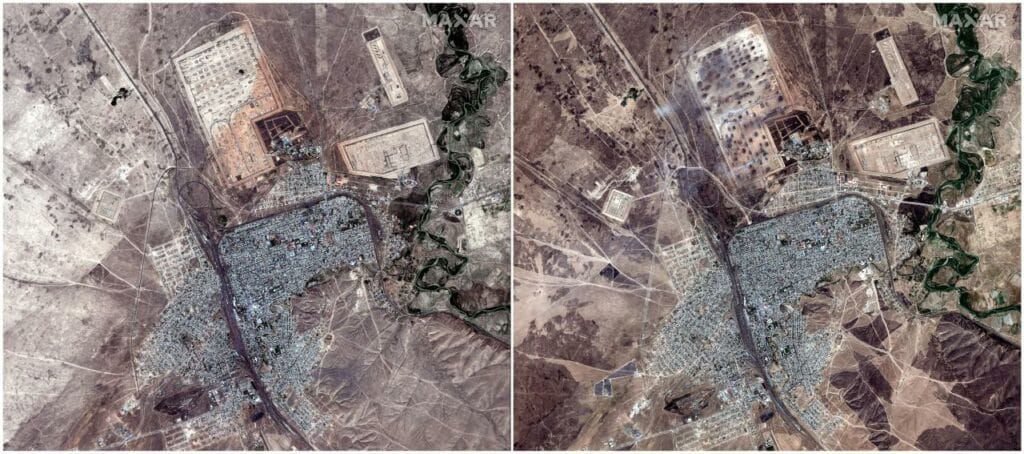Арысь до и после взрывов, спутниковое изображение. Фото: Reuters