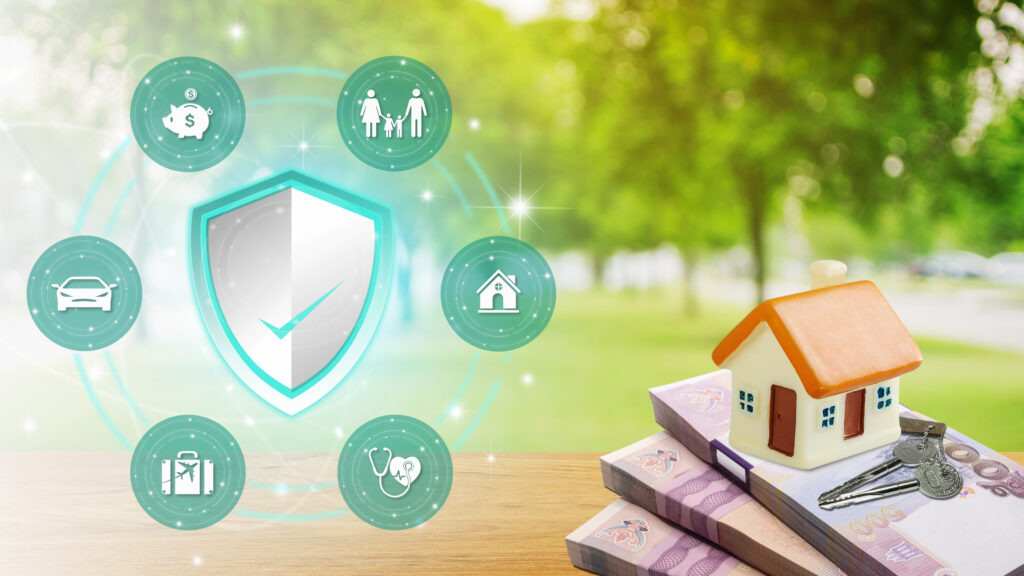 Insurance policy services conceptual design. insurance shield, Family Homes, Finance, Cars, Travel and Health Insurance.