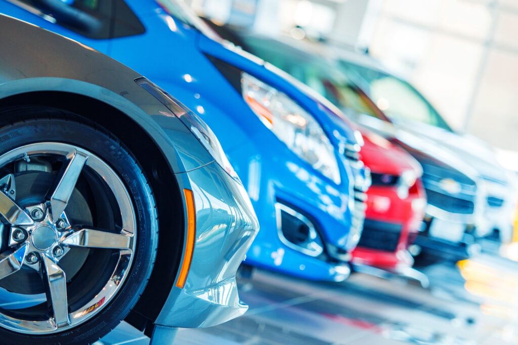 Brand New Cars For Sale in Dealer Showroom. Car Business.