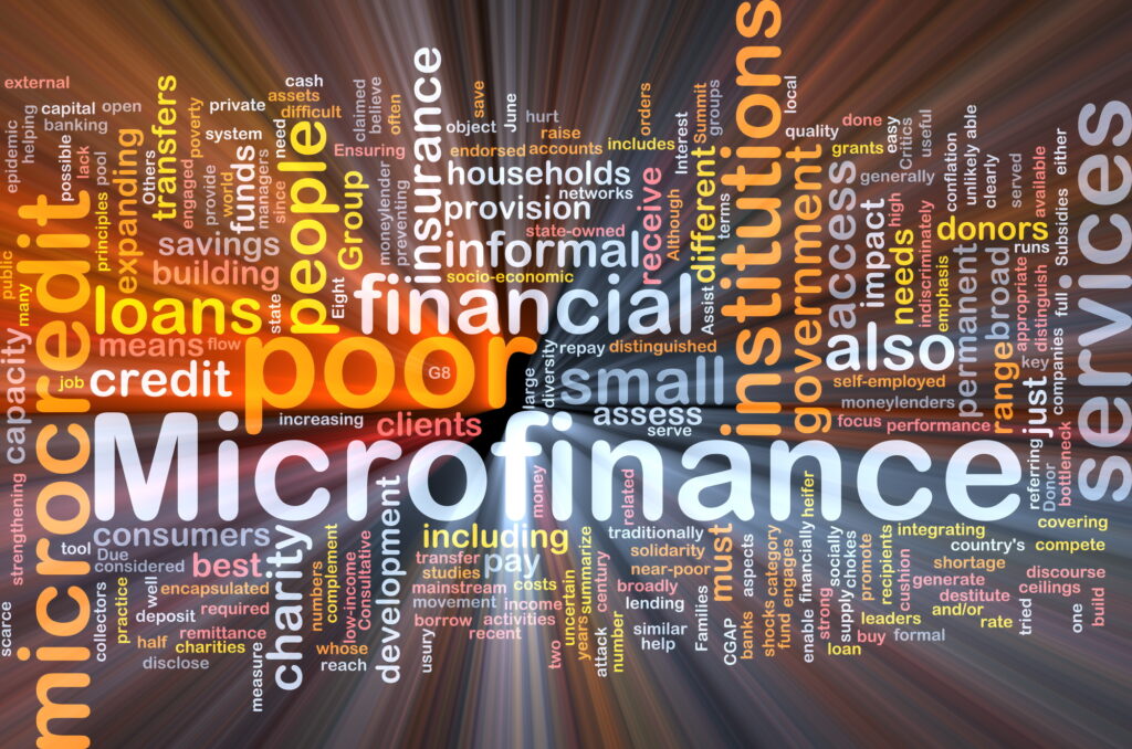 Background concept wordcloud illustration of microfinance glowing light