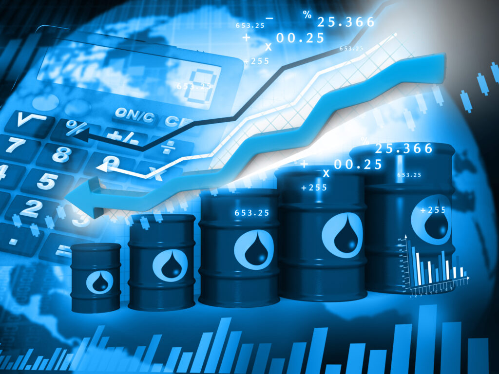 Oil Barrels with  falling oil price graph