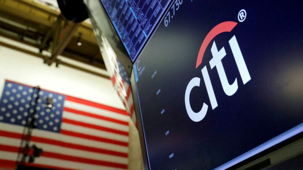 FILE PHOTO: The logo for Citibank is seen on the trading floor at the New York Stock Exchange (NYSE) in Manhattan, New York City, U.S., August 3, 2021. REUTERS/Andrew Kelly/File Photo