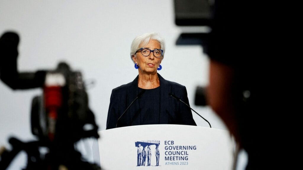 FILE PHOTO: European Central Bank (ECB) President Christine Lagarde speaks to reporters following the ECB Governing Council's monetary policy meeting, in Athens, Greece October 26, 2023. REUTERS/Louiza Vradi/File Photo