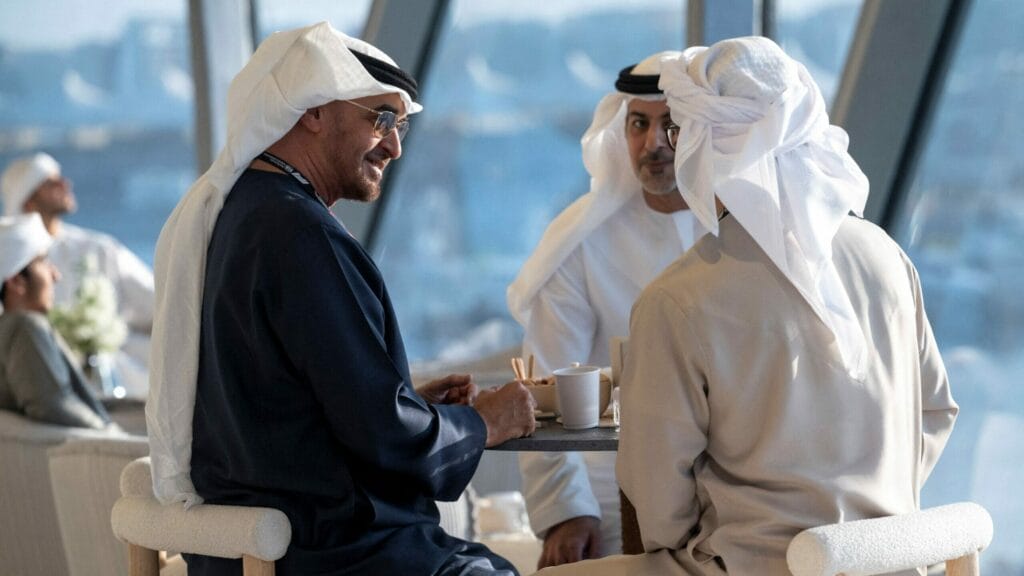 Sheikh Mohamed bin Zayed Al Nahyan, President of the United Arab Emirates and Sheikh Omar bin Zayed Al Nahyan, Deputy Chairman of the Board of Trustees of Zayed bin Sultan Al Nahyan Charitable and Humanitarian Foundation, attend the Formula 1 Etihad Airways Abu Dhabi Grand Prix 2023, in Shams Tower at Yas Marina Circuit, in Abu Dhabi, United Arab Emirates, November 26, 2023. UAE Presidential Court/Hamad Al Kaabi/Handout via REUTERS THIS IMAGE HAS BEEN SUPPLIED BY A THIRD PARTY