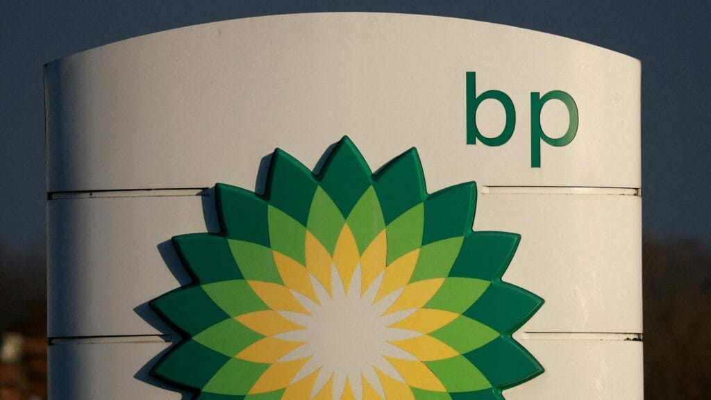 FILE PHOTO: Signage is seen outside a BP (British Petroleum) petrol station in Liverpool, Britain, February 7, 2023. REUTERS/Phil Noble/File Photo
