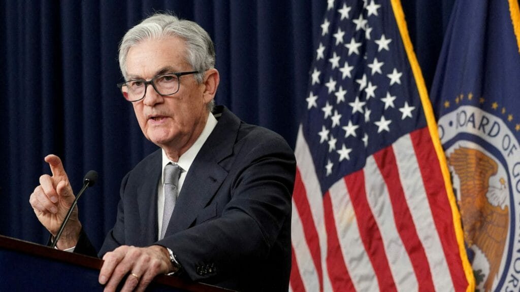 FILE PHOTO: Federal Reserve Chair Jerome Powell answers a question during a press conference at the Federal Reserve in Washington, U.S., November 1, 2023. REUTERS/Kevin Lamarque/File Photo