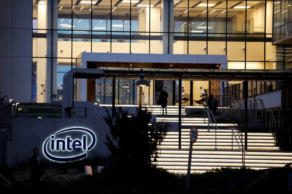 FILE PHOTO: U.S. chipmaker Intel Corp's logo is seen at the entrance to their "smart building" in Petah Tikva, near Tel Aviv, Israel December 15, 2019. Picture taken December 15, 2019. REUTERS/Amir Cohen/File Photo