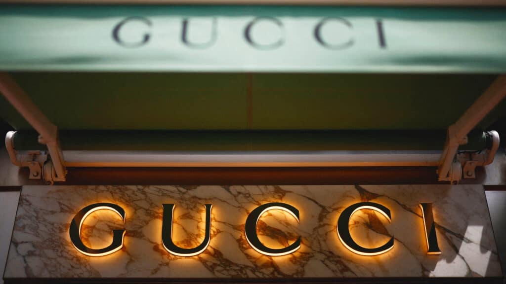 FILE PHOTO: The logo of fashion house Gucci is seen outside a store in Cannes, France, May 16, 2024. REUTERS/Sarah Meyssonnier/File Photo