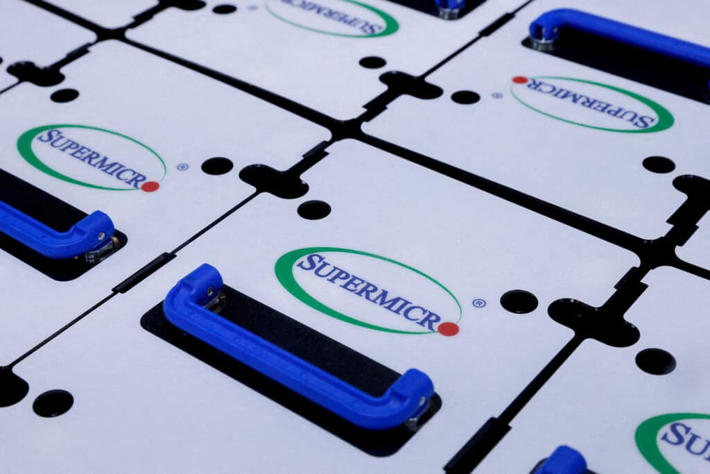 FILE PHOTO: Logos of Super Micro Computer are pictured at COMPUTEX Taipei, one of the world's largest computer and technology trade shows, in Taipei, Taiwan May 30, 2023. REUTERS/Ann Wang/File Photo