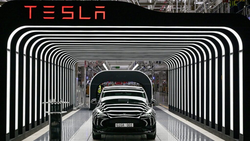 Model Y cars are pictured during the opening ceremony of the new Tesla Gigafactory for electric cars in Gruenheide, Germany, March 22, 2022. Patrick Pleul/Pool via REUTERS/File Photo