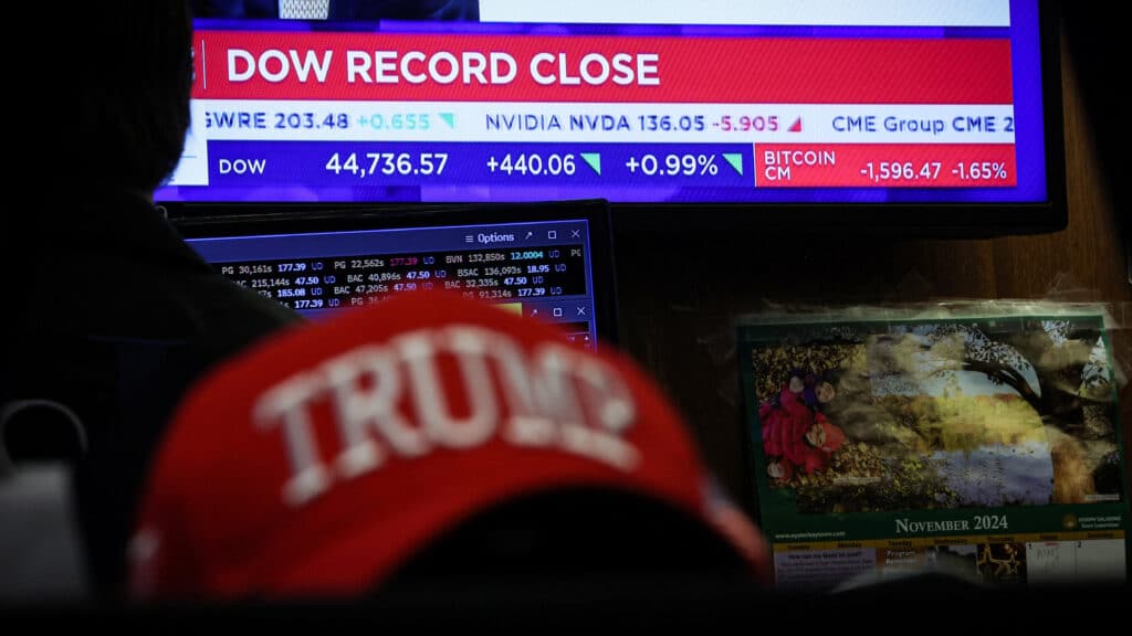 A screen displays the Dow Jones Industrial Average after the closing bell on the floor at the New York Stock Exchange (NYSE) in New York City, U.S., November 25, 2024.  REUTERS/Brendan McDermid