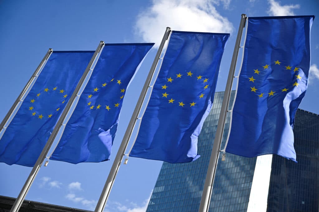 FILE PHOTO: European Union flags flutter on the day European Central Bank (ECB) President Christine Lagarde speaks to reporters following the Governing Council's monetary policy meeting in Frankfurt, Germany September 12, 2024. REUTERS/Jana Rodenbusch/File Photo