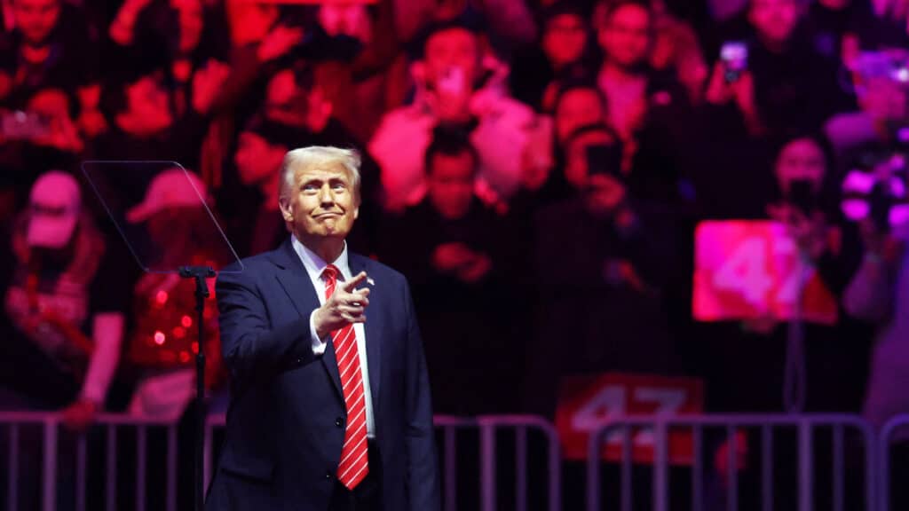 U.S. President-elect Donald Trump gestures during a rally the day before he is scheduled to be inaugurated for a second term, in Washington, U.S., January 19, 2025. REUTERS/Evelyn Hockstein
