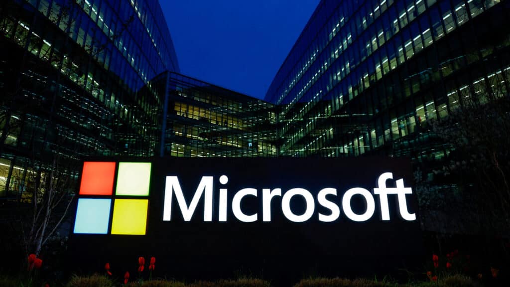 FILE PHOTO: A view shows a Microsoft logo at Microsoft offices in Issy-les-Moulineaux near Paris, France, March 25, 2024. REUTERS/Gonzalo Fuentes/File Photo