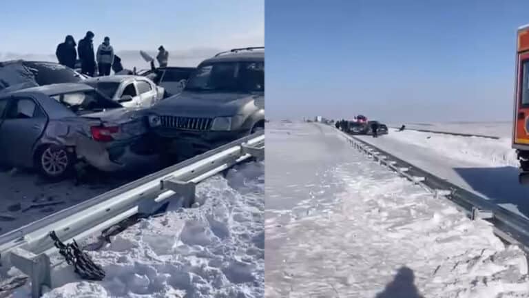 На трассе в Карагандинской области столкнулись 19 машин — видео