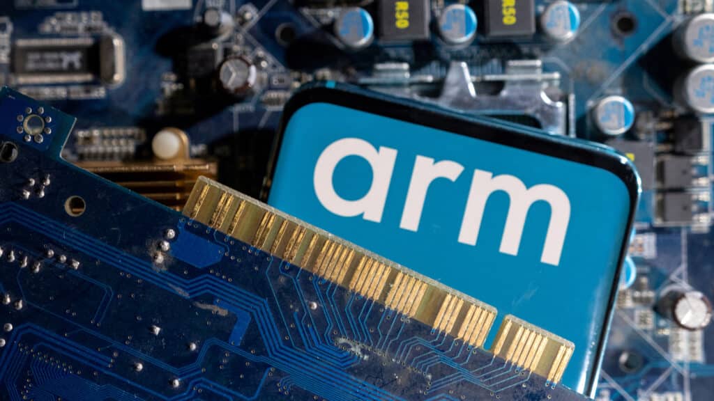 FILE PHOTO: A smartphone with a displayed Arm Ltd logo is placed on a computer motherboard in this illustration taken March 6, 2023. REUTERS/Dado Ruvic/Illustration/File Photo