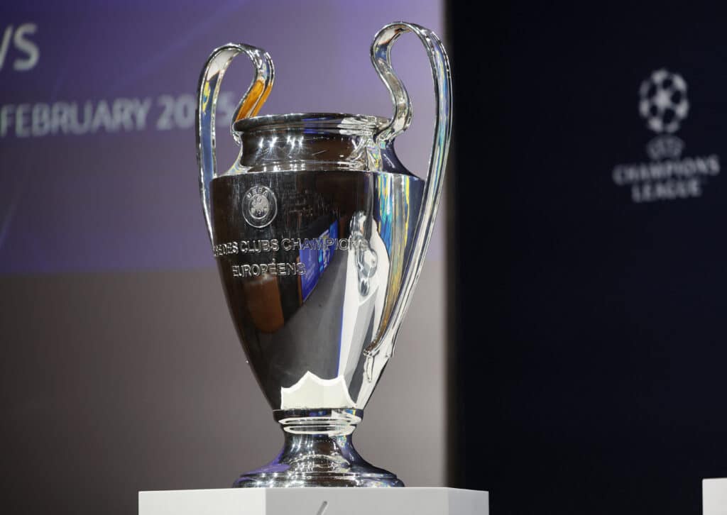 Soccer Football - Champions League - Round of 16, Quarter-Final, Semi-Final and Final draws - UEFA Headquarters, Nyon, Switzerland - February 21, 2025 The Champions League trophy is displayed before the start of the draw REUTERS/Pierre Albouy