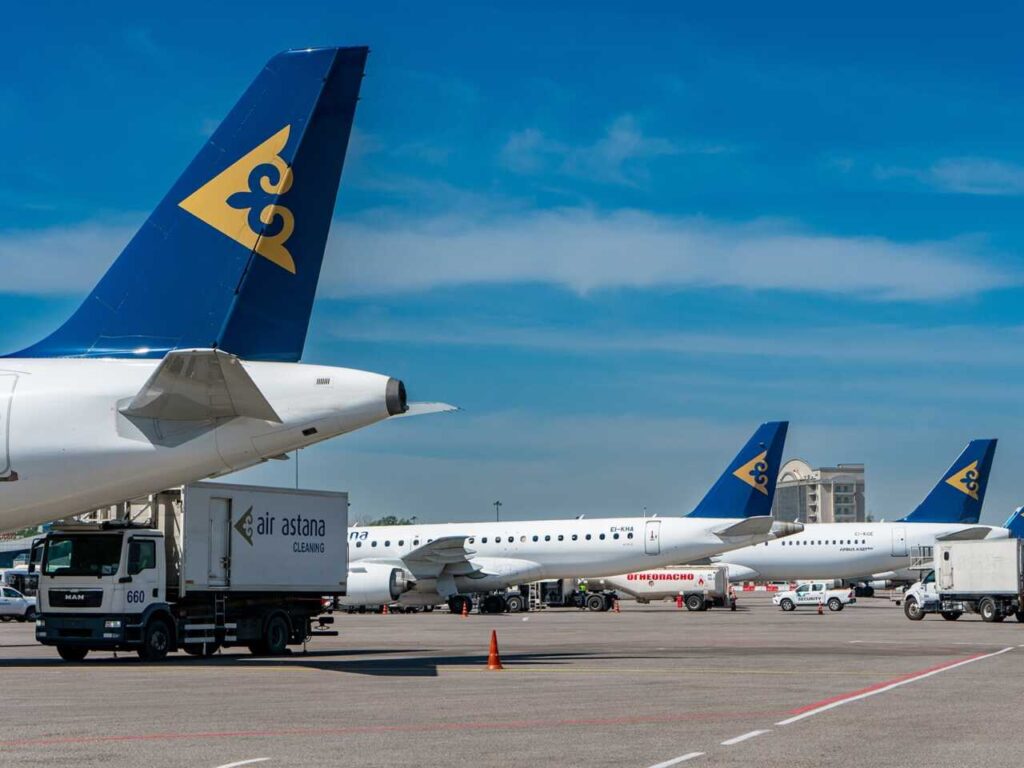 Almaty Kazakhstan May 11, 2022 - Air Astana airline Park at the runway  International Airport of Almaty. Kazakhstan