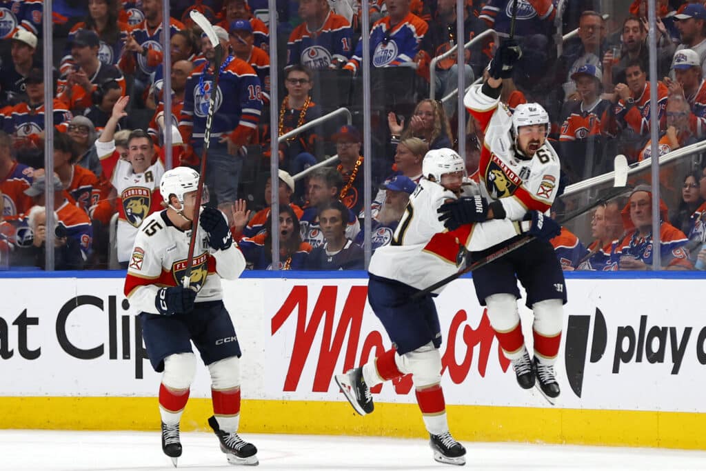 Jun 6, 2025; Edmonton, Alberta, CAN; Florida Panthers center Brad Marchand (63) reacts after making the game winning goal against the Edmonton Oilers during double overtime in game two of the 2025 Stanley Cup Final at Rogers Place. Mandatory Credit: Perry Nelson-Imagn Images