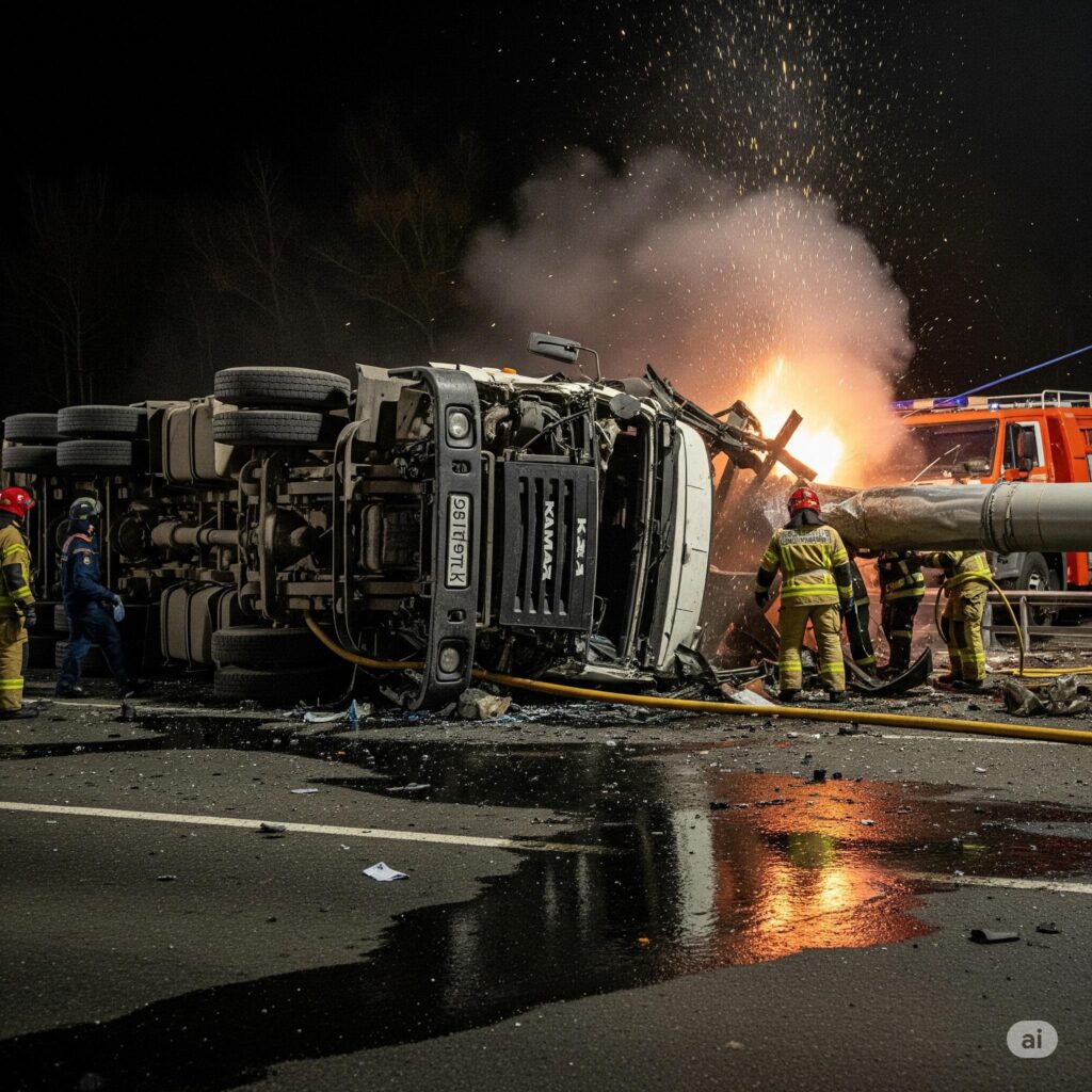 В Алматы водитель КАМАЗа погиб после опрокидывания грузовика