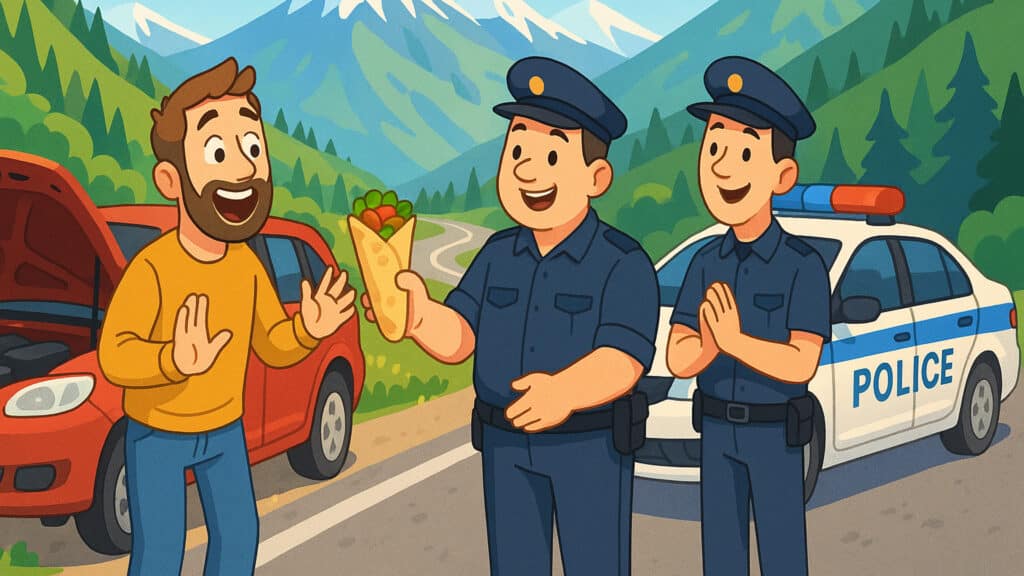 Полицейские на Медеу угостили донером водителя заглохшего авто