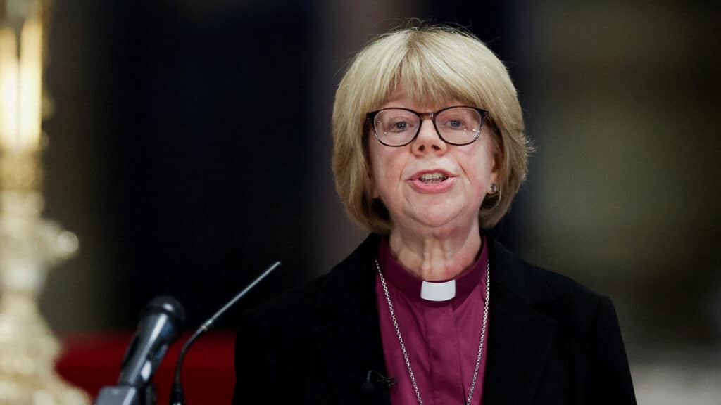 Archbishop of Canterbury-designate Sarah Mullally delivers an address inside Canterbury Cathedral, in Canterbury, Britain, October 3, 2025. REUTERS/Toby Melville