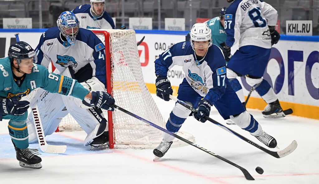 Алихан Омирбеков контролирует шайбу у ворот Адама Шила