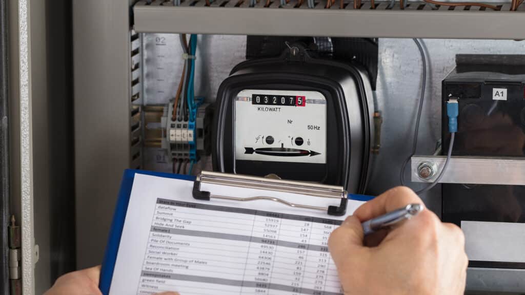 Electricity Counter Metering System. Engineer Reading Meter
