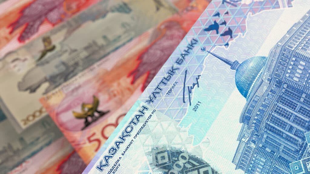 Kazakhstani tenge banknotes. Currency market. Financial concept