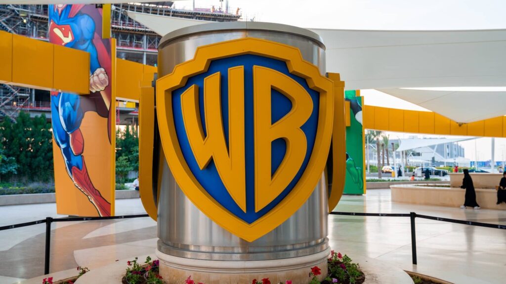 Abu Dhabi, UAE- Circa 2019, Warner Brothers Theme Park. Warner Brothers sign at the entrance to the theme park.