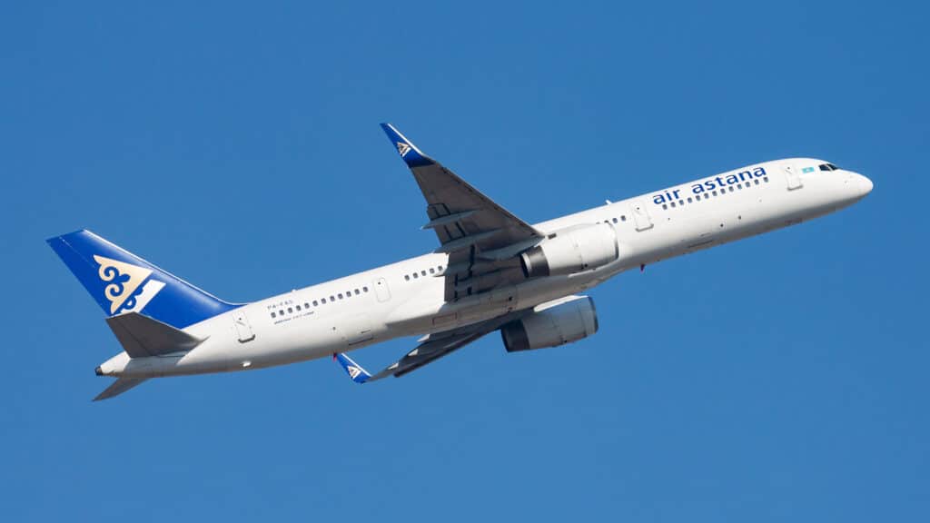 Hong Kong, China - December 1, 2013: Air Astana Boeing 757-200 P4-FAS passenger plane departure and take off at Hong Kong Chek Lap Kok Airport