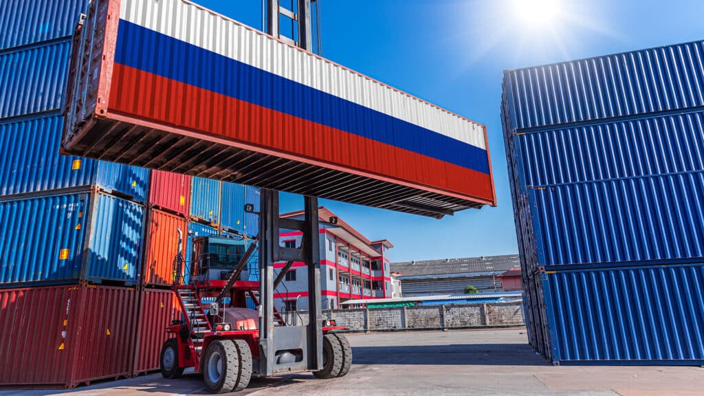 Products container, Shipping cargo goods with Russia flag for import export business from Russia country concept