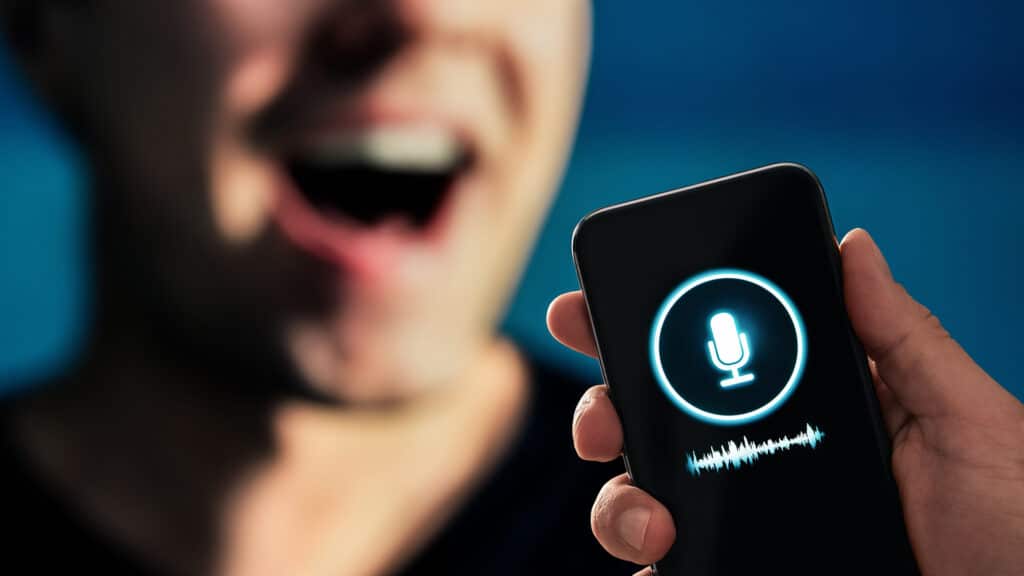 Voice recognition, AI speech generator or audio recording app on phone. Deep fake vocal sound. Mic icon and record wave. Deepfake scam. Virtual clone. Chat message. Translation or language learning.
