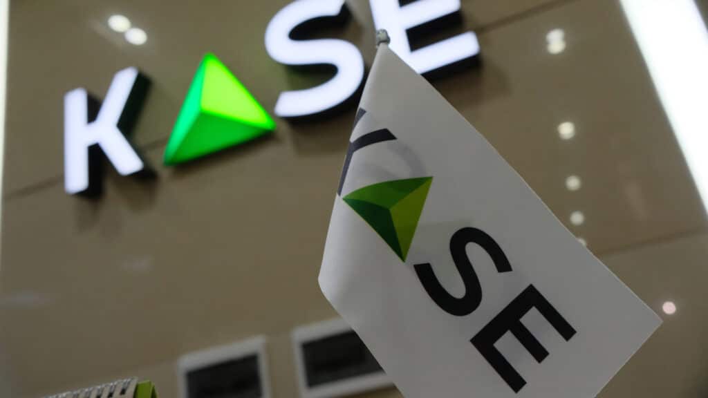 Almaty, Kazakhstan - 10.01.2019 : A sign with the logo: Kazakhstan Stock Exchange - KASE.