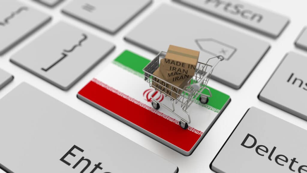 Goods made in iran in the shopping cart on the keyboard. export or import concepts, looping  animation 3D rendering