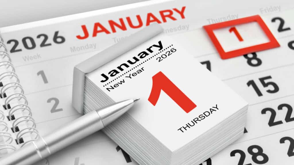Calendar 2026  January 1 New Year and pencil