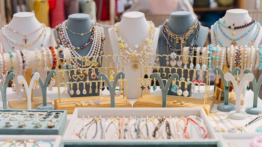 Colorful Handmade Jewelry Display at Summer Artisan Craft Market, Small Business Vendor