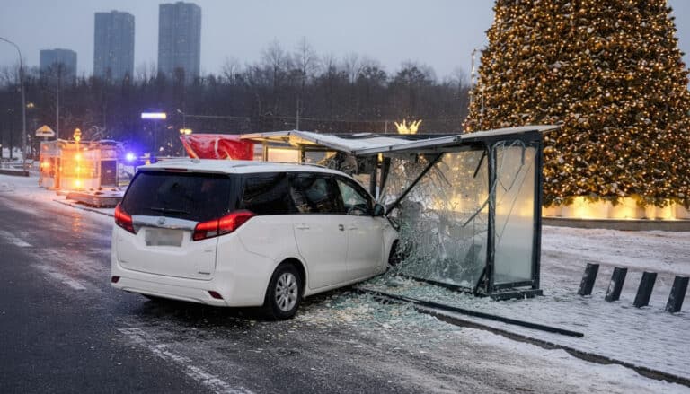 В Астане водитель минивэна снес автобусную остановку