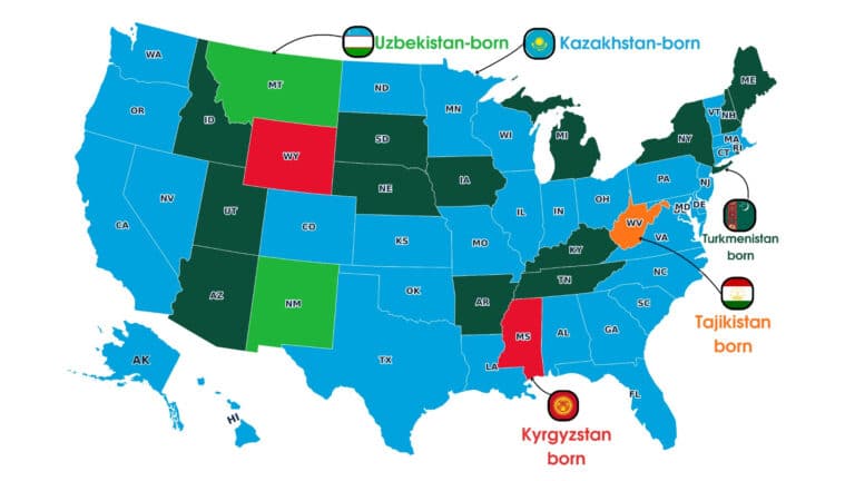 Which Central Asian nationality is most common in each US state?