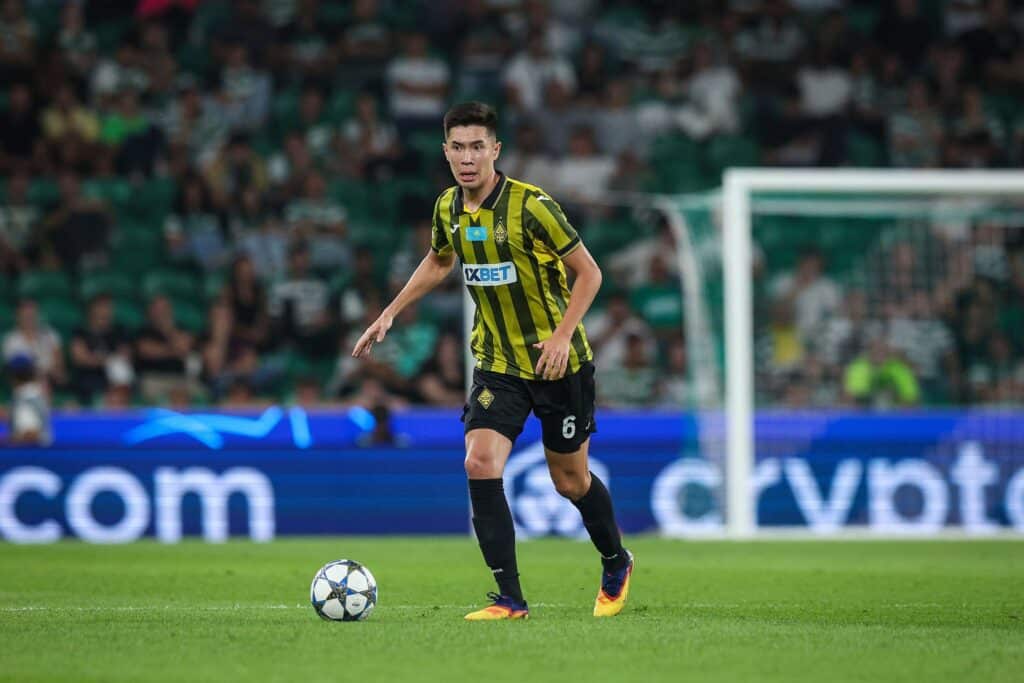 LISBON, PORTUGAL - SEPTEMBER 18: Adilet Sadybekov of FC Kairat Almaty during the UEFA Champions League 2025/26 League Phase MD1 match between Sporting Clube de Portugal and FC Kairat Almaty at Estadio Jose Alvalade on September 18, 2025 in Lisbon, Portugal. (Photo by Carlos Rodrigues/Getty Images)