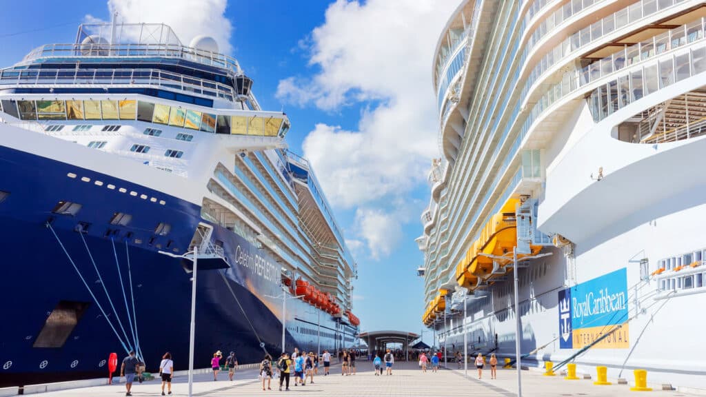 Nassau, Bahamas - January 30, 2023: Cruise ships Celebrity Reflection  and Royal Caribbean docked at port Nassau. The island is a popular Caribbean cruise destination