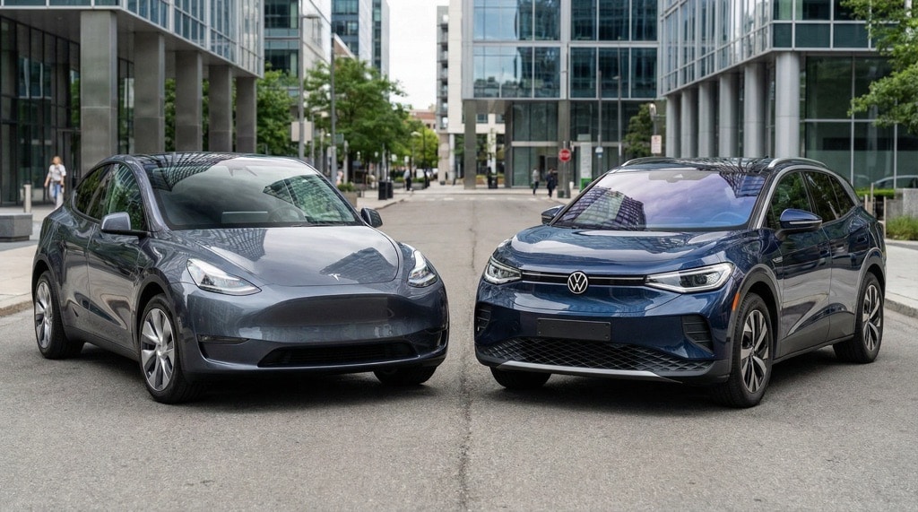 volkswagen id 4 2026, Tesla Model Y 2026, Tesla vs Volkswagen, айди 4 фольксваген, тесла модель у