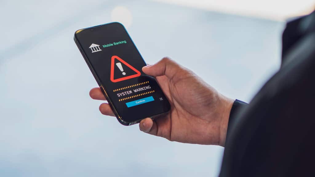 Emergency warning alert alarm on Smartphone, Data network protection, mobile cybersecurity or a password to confirm login in the online banking application. security technology digital information.