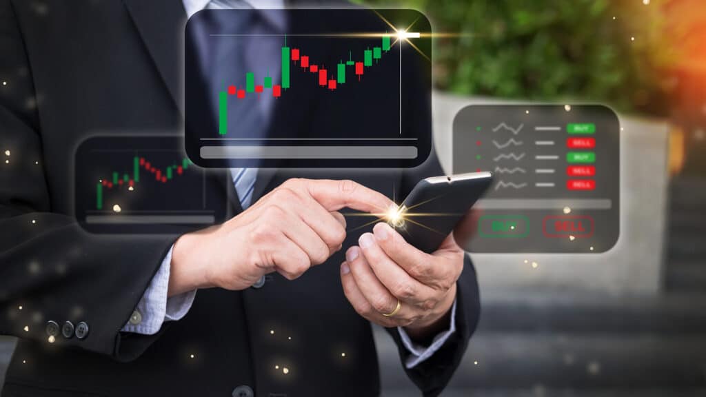 Adult investor using mobile to make stock investment decisions Examining stock market trends for potential gains and monitoring portfolio performance carefully.