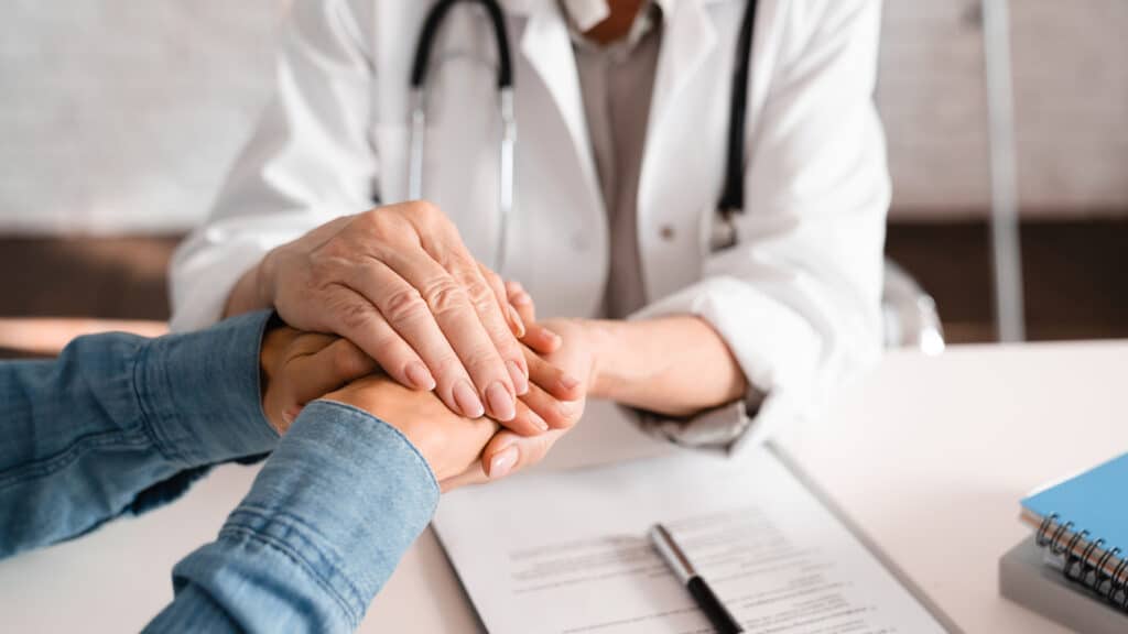 Cropped closeup helping hand. Support and id, hope concept. Recuperation and treatment, healing after severe disease. Good news, test results and positive prognosis