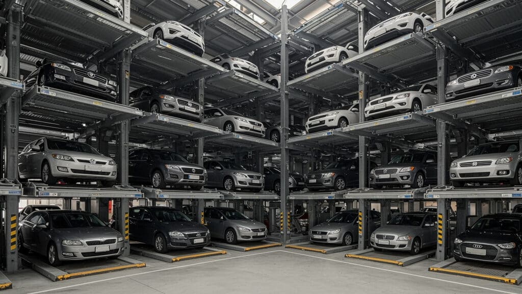 Indoor photo of multilevel automated car parking system