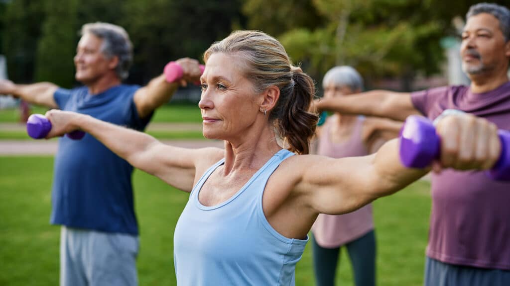 Elderly people lifting small weights at park. Focused senior woman working out with group of friends. Group of mature people doing dumbbell exercises in a park.