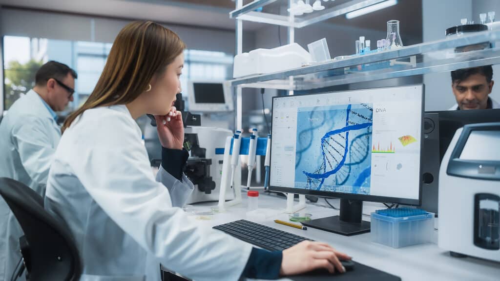Medical Research and Development Laboratory: Beautiful Asian Female Scientist Working on a Computer with Advanced DNA Diagnostic Software on Display. Modern Genetic Engineering Lab