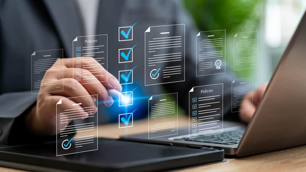 Policies documentation online, Checklist concept. Businessman checks policies document compliance, certificate, Financial details. Policy management company articles of association Quality inspection