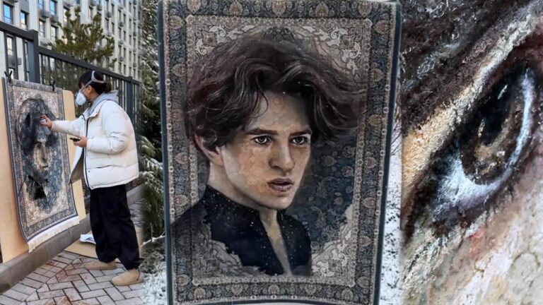 Суретші Assolyaa Михаил Шайдоровтың бейнесін кілемге түсірді